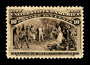 Philately Prints: 10c Columbus Presenting Natives single, 1893. Creator: American Bank Note Company