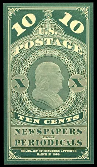 Franklin Benjamin Prints: 10c Franklin Newspapers and Periodicals trial color proof, 1865. Creator: Unknown