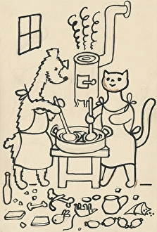Aprons Prints: 11. The Tale of the Dog and the Cat, around 1928. Creator: Josef Capek