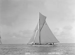 The 12 Metre gaff rigged Cyra, 1922. Creator: Kirk & Sons of Cowes