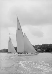 Sloop Prints: The 12 Metre racing yachts Vim and Tomahawk, 1939. Creator: Kirk & Sons of Cowes