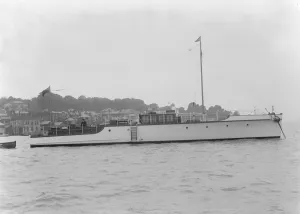 The 12 ton motor yacht Cordon Rouge at anchor, 1923. Creator: Kirk & Sons of Cowes