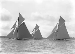 Edgar Wp Prints: The 15-metre Ostaria, Hispania and Sophie Elizabeth racing upwind, 1911