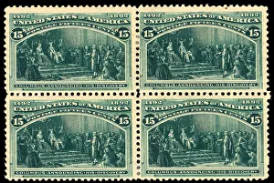 Castile Isabella Of Gallery: 15c Columbus Announcing His Discovery block of four, 1893. Creator: Unknown