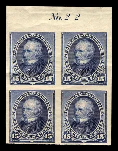 Proof Prints: 15c Henry Clay proof plate block of four, February 22, 1890