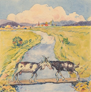 Gustav Prints: 17.- Meeting of two goats on a narrow footbridge over a stream