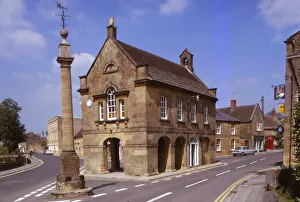 Somerset Prints: 18th Century Market Hall and Cross on Roman Column with Sundial
