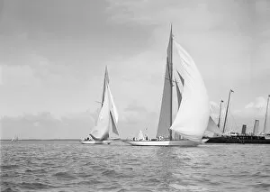 William Fife Collection: The 19-metre class Mariquita (C1) & Corona (C3) running with spinnakers up, 1911