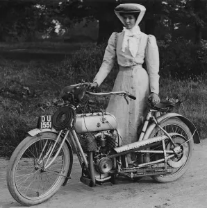 Motorcyclist Prints: 1906 Rex with motorcyclist Muriel Hind. Creator: Unknown