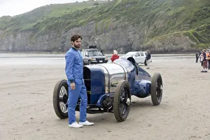Carmarthenshire Prints: 1925 Sunbeam 350 hp at Pendine Sands 2015 with model in costume. Creator: Unknown
