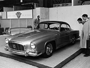 Admiring Prints: A 1956 Gregoire 2.1 litre coupe on a stand at a show, (c1956?)