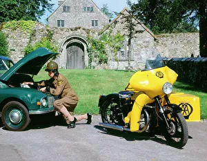 Mechanic Prints: 1960 BSA M21 AA Combination motorcycle with 1948 Morris Minor