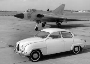 1960 Saab 96 and Saab 35 Draken Jet Fighter. Creator: Unknown 1960 Saab 96 and Saab 35 Draken Jet Fighter. Creator: Unknown