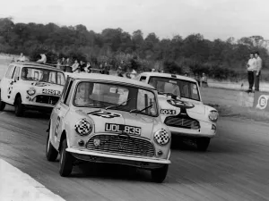1961 Prints: 1961 Austin Mini driven by J. Gibson at Silverstone. Creator: Unknown