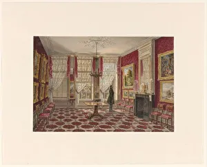 Net Curtain Prints: 19th century interior with paintings and standing figure