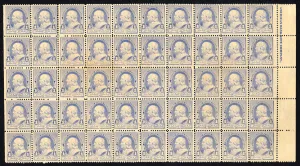 1c Franklin imprint block of fifty, 1890. Creator: American Bank Note Company 1c Franklin imprint block of fifty, 1890. Creator: American Bank Note Company