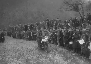 Exmoor Prints: 250 cc Triumph of J Stagg competing in the MCC Lands End Trial, Beggars Roost, Devon, 1936