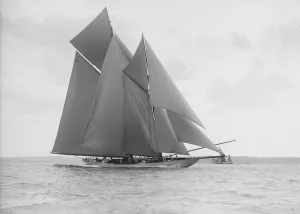 Reaching Prints: The 250 ton schooner Germania sails on a reach, 1913. Creator: Kirk & Sons of Cowes