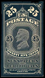 Lincoln Abraham Prints: 25c Abraham Lincoln Newspapers and Periodicals trial color proof, 1865. Creator: Unknown