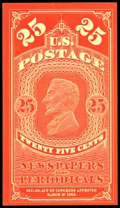 25c Abraham Lincoln Newspapers and Periodicals trial color proof, 1865. Creator: Unknown
