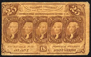 Banknote Prints: 25c Thomas Jefferson postage currency, 1862. Creator: Unknown