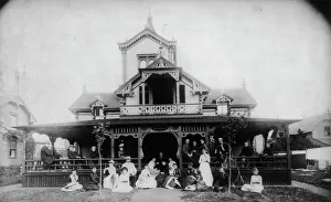 27 men and women (Johnston family) in front of beach house Dartmouth, c1880. Creator: Unknown. 27 men and women (Johnston family) in front of beach house Dartmouth, c1880. Creator: Unknown