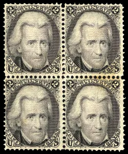 General Jackson Prints: 2c Andrew Jackson F Grill block of four, 1868. Creator: Unknown
