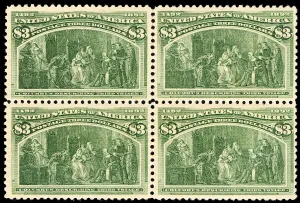 Castile Isabella Of Prints: $3 Columbus Describing His Third Voyage block of four, 1893. Creator: Unknown