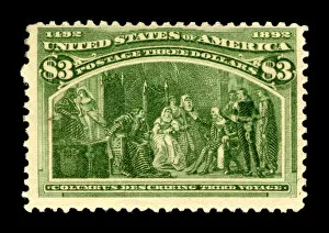 Colonisation Gallery: $3 Columbus Describing His Third Voyage single, 1893. Creator: American Bank Note Company