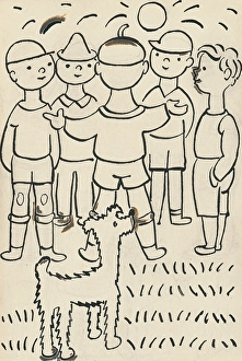 Anthropomorphism Prints: 30. Talking about a dog and a cat, around 1928. Creator: Josef Capek