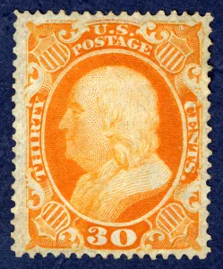 30c Franklin single, 1860. Creators: Toppan, Carpenter & Company 30c Franklin single, 1860. Creators: Toppan, Carpenter & Company