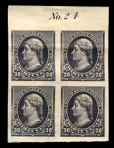 Presidential Collection: 30c Thomas Jefferson proof plate block of four, February 22, 1890