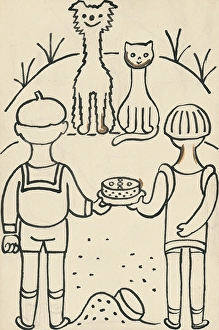 Cake Prints: 32. Talking about a dog and a cat, around 1928. Creator: Josef Capek