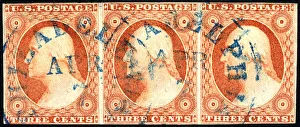 3c Washington imperforate strip of three, c. 1852. Creator: Unknown