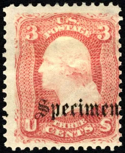 Specimen Prints: 3c Washington Specimen'overprint single, 1861. Creator: Unknown
