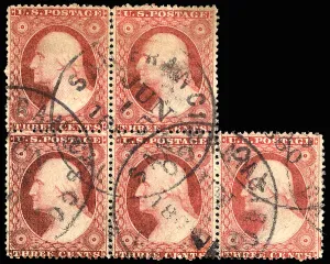 Frank Gallery: 3c Washington type III block of five, 1860. Creator: Unknown