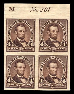 Slaughter Collection: 4c Abraham Lincoln proof plate block of four, June 2, 1890