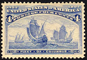 Stamp Collecting Prints: 4c Fleet of Columbus single, 1893. Creator: American Bank Note Company