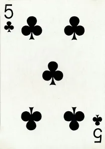 Clubs Prints: 5 of Clubs from a deck of Goodall & Son Ltd. playing cards, c1940