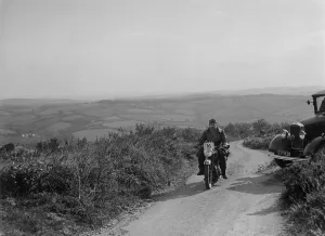 Motorcycling Prints: 505 cc AJS of J Harper competing in the MCC Torquay Rally, 1938. Artist: Bill Brunell