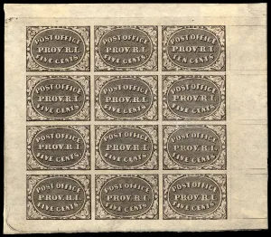 Ink Black Prints: 5c and 10c Providence, RI postmaster provisional sheet of twelve, 1846. Creator: Unknown