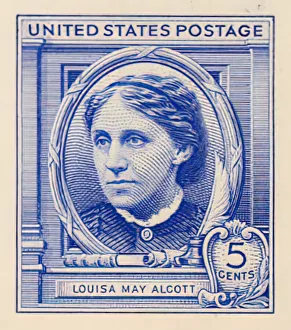 Unique Prints: 5c American Authors Louisa May Alcott die proof attached to plate proof, 14598