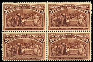 Castile Isabella Of Prints: 5c Columbus Soliciting Aid from Queen Isabella block of four, 1893. Creator: Unknown