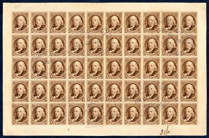 Production Gallery: 5c Franklin reproduction card plate proof sheet of fifty, 1891