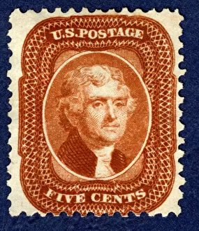 Presidential Collection: 5c Thomas Jefferson reprint single, 1875. Creator: Continental Bank Note Company