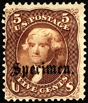 Specimen Prints: 5c Thomas Jefferson Specimen'overprint single, 1863. Creator: Unknown