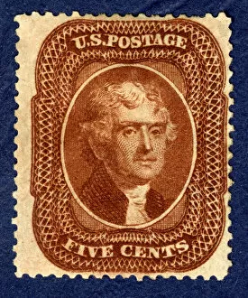 Presidential Collection: 5c Thomas Jefferson type II single, 1861. Creator: Toppan, Carpenter & Company