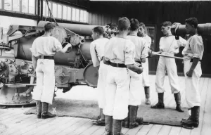 6-inch gun drill, Royal Navy training establishment, Shotley, Suffolk, 1936