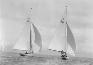 Coral Prints: The 6 Metre class Coral (17) and Fintra (20), 1936. Creator: Kirk & Sons of Cowes