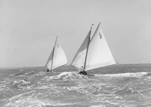 The 6 Metre Correnzia and Snowdrop heading downwind in breezy conditions, 1911